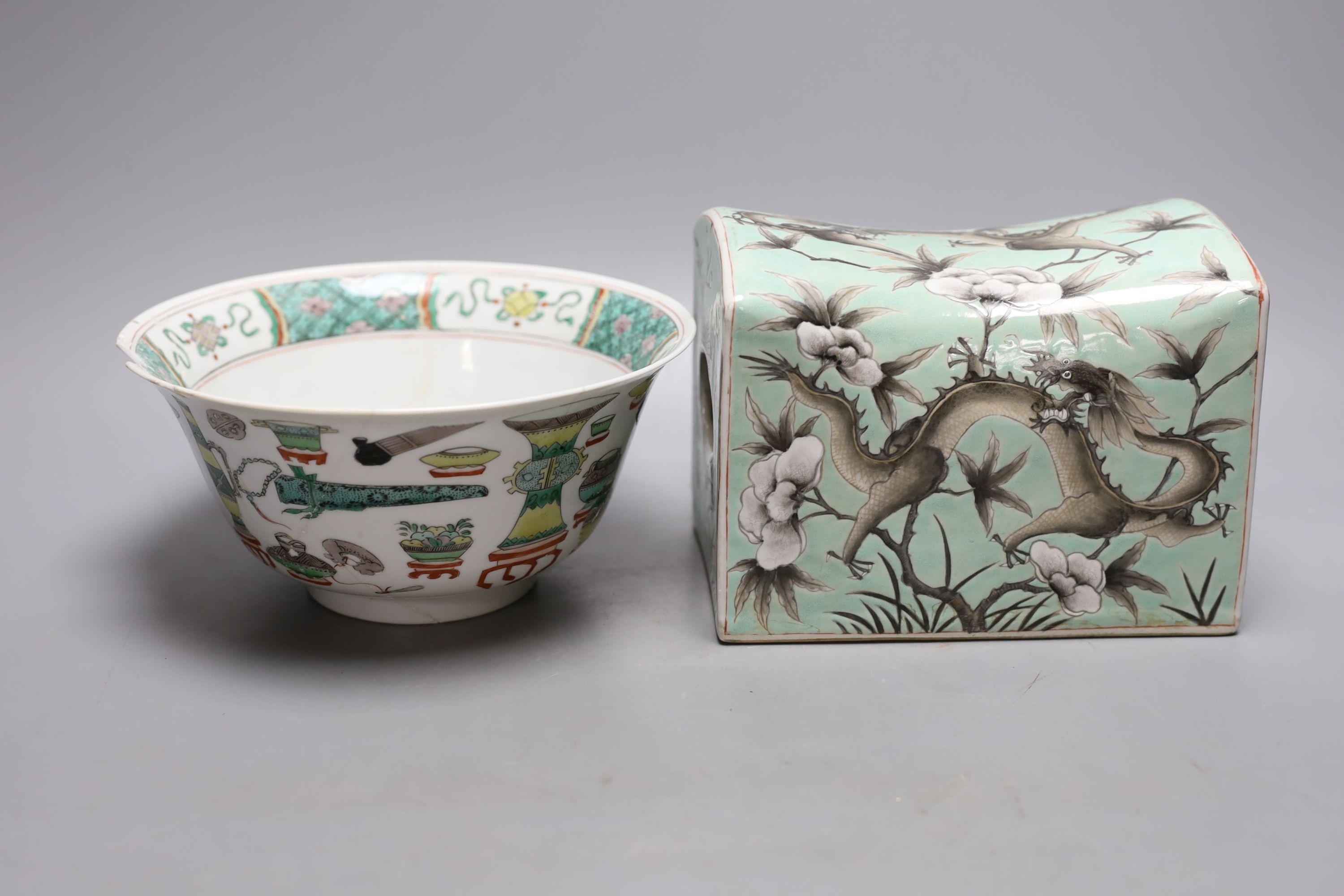 A Kangxi famille verte bowl, 20cm (a.f.) and a Chinese Dowager Empress-pattern pillow with dragons